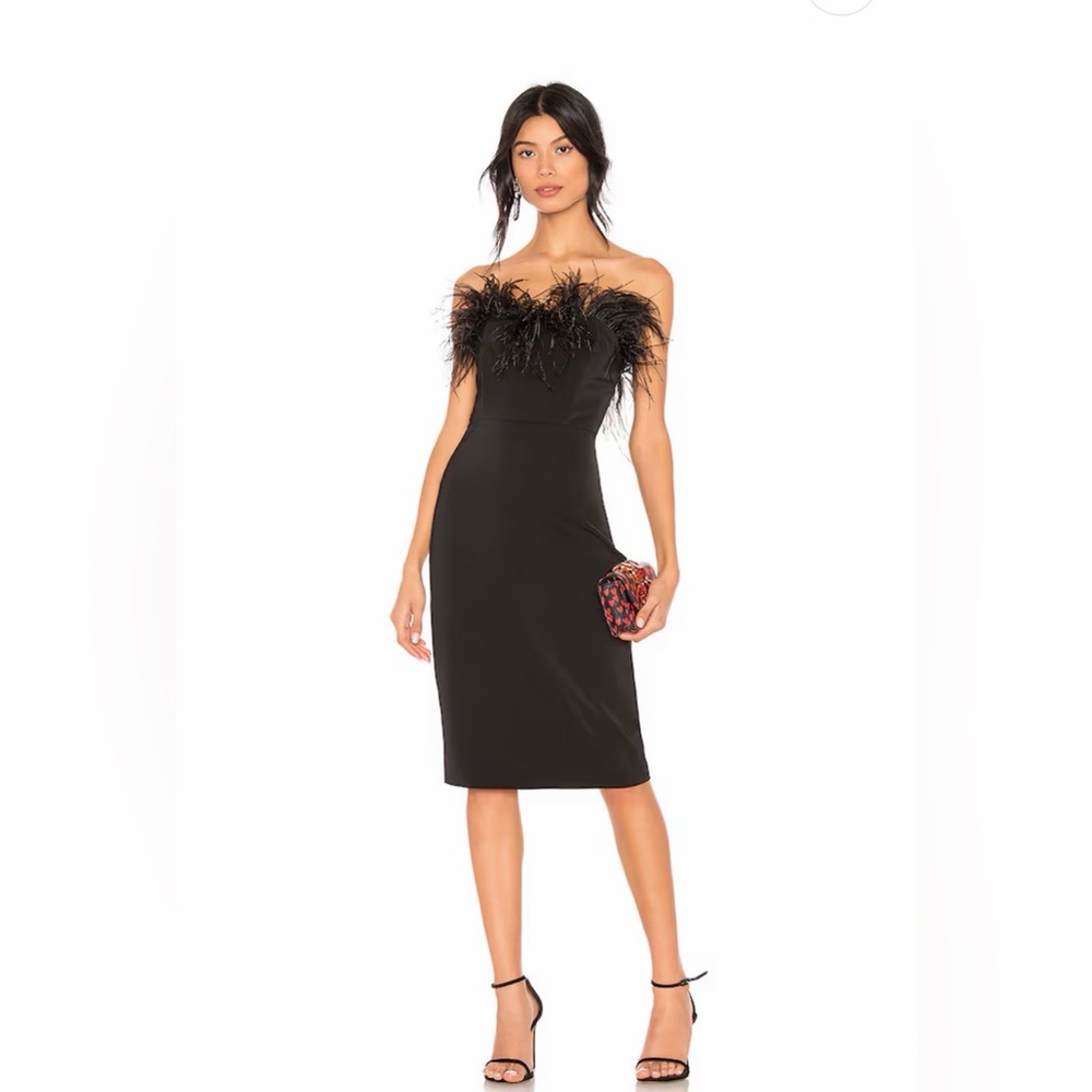 LPA Strapless Black Feather-Trim Midi Party Dress